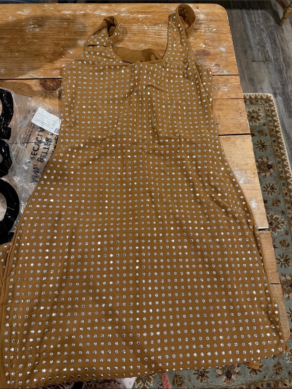 ASOS Design scooped halter neck midi dress in laser cut hot fix in tan - Picture 5 of 7